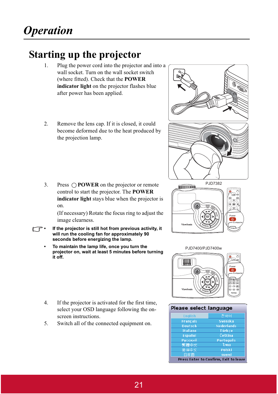Operation, Starting up the projector | VIEWSONIC DLP PROJECTOR PJD7400 User Manual | Page 26 / 82