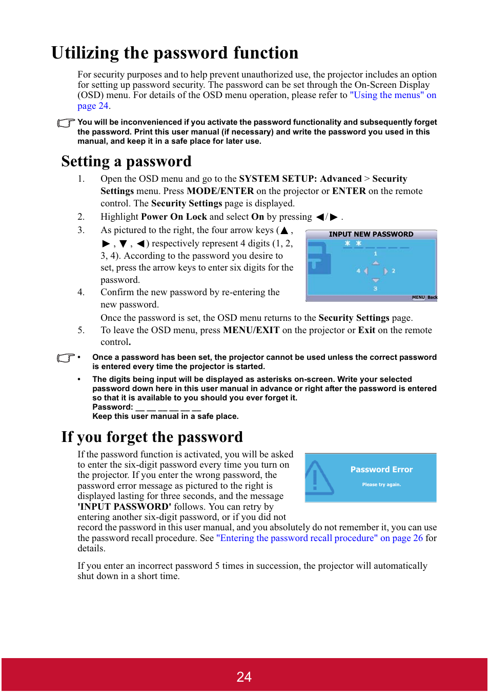 Utilizing the password function, Setting a password, If you forget the password | VIEWSONIC DLP PROJECTOR PJD7400 User Manual | Page 29 / 82