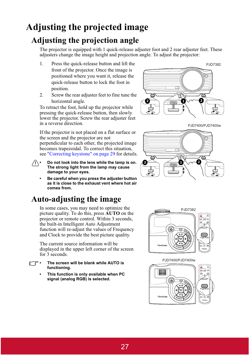 Adjusting the projected image, Adjusting the projection angle, Auto-adjusting the image | VIEWSONIC DLP PROJECTOR PJD7400 User Manual | Page 32 / 82