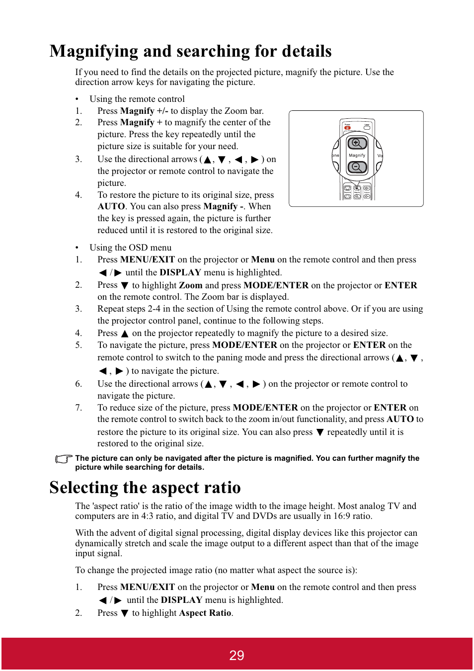 Magnifying and searching for details, Selecting the aspect ratio | VIEWSONIC DLP PROJECTOR PJD7400 User Manual | Page 34 / 82
