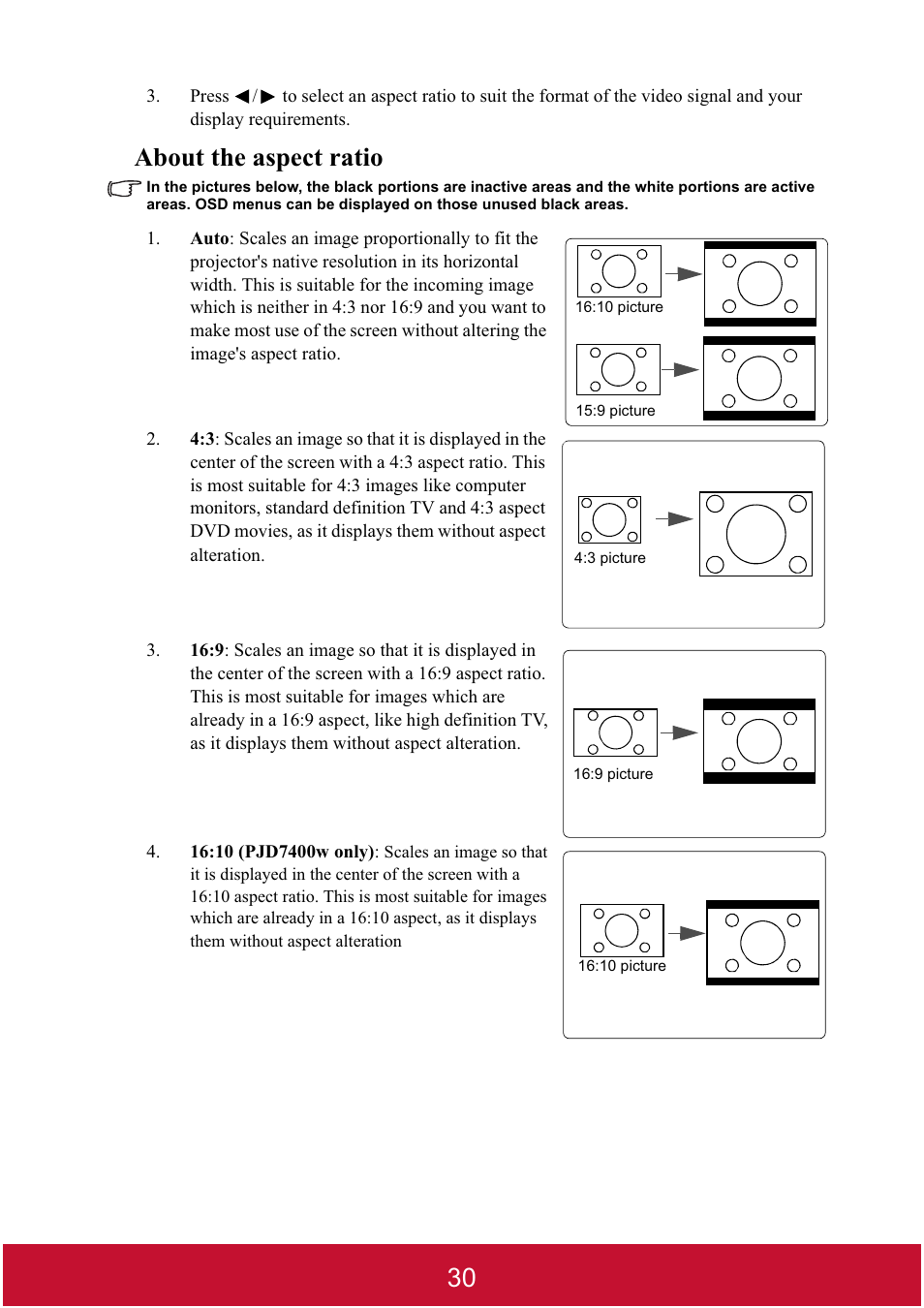 About the aspect ratio | VIEWSONIC DLP PROJECTOR PJD7400 User Manual | Page 35 / 82