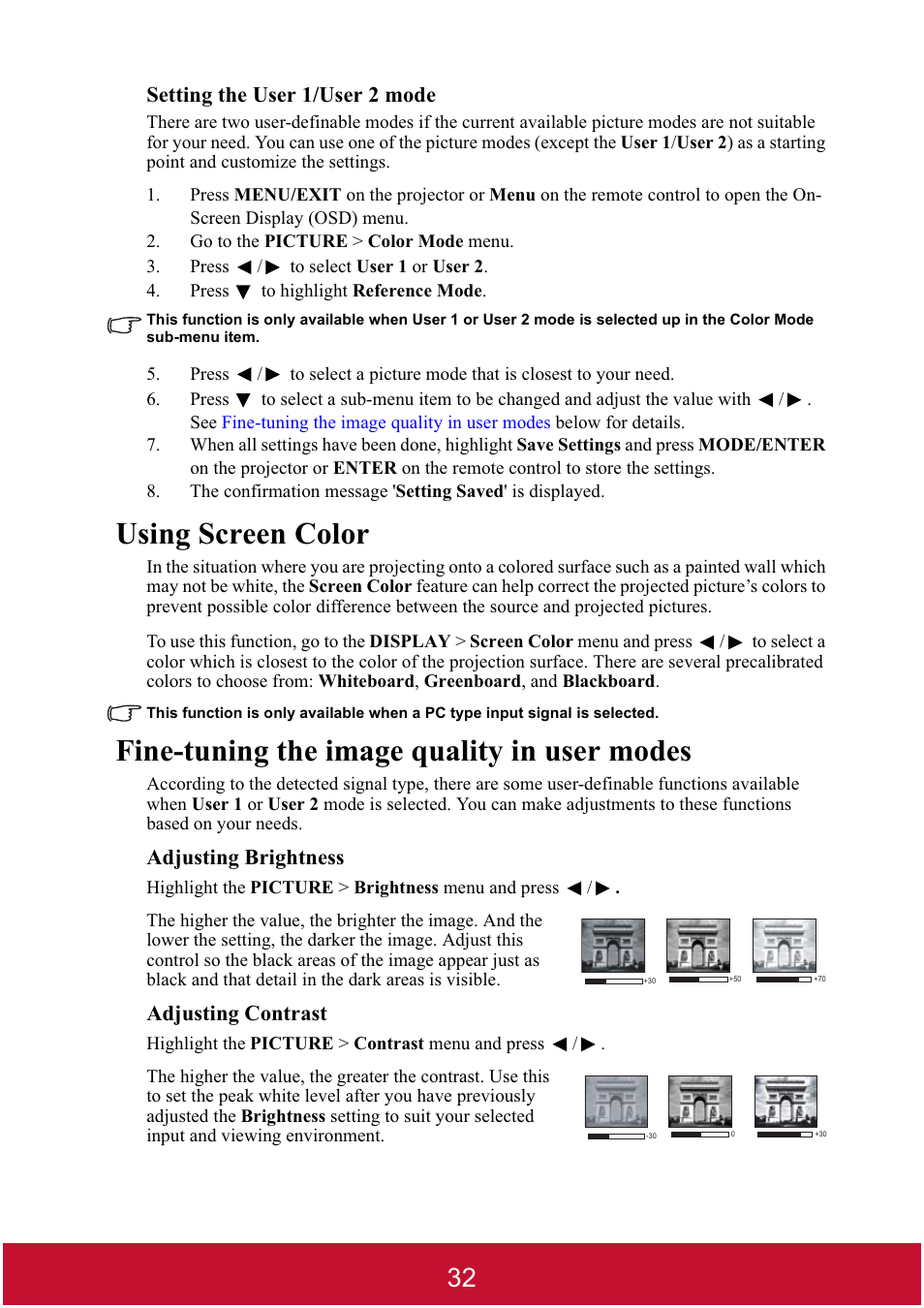 Using screen color, Fine-tuning the image quality in user modes, Setting the user 1/user 2 mode | Adjusting brightness, Adjusting contrast | VIEWSONIC DLP PROJECTOR PJD7400 User Manual | Page 37 / 82