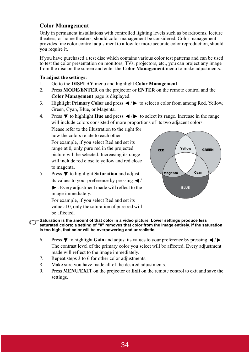 Color management | VIEWSONIC DLP PROJECTOR PJD7400 User Manual | Page 39 / 82