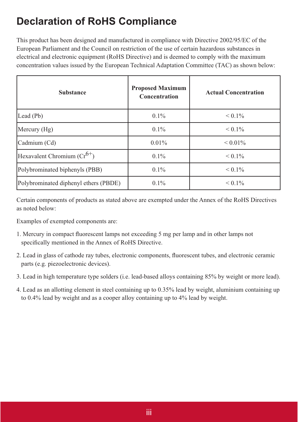 Declaration of rohs compliance | VIEWSONIC DLP PROJECTOR PJD7400 User Manual | Page 4 / 82