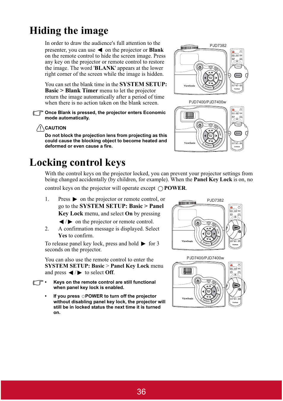 Hiding the image, Locking control keys | VIEWSONIC DLP PROJECTOR PJD7400 User Manual | Page 41 / 82