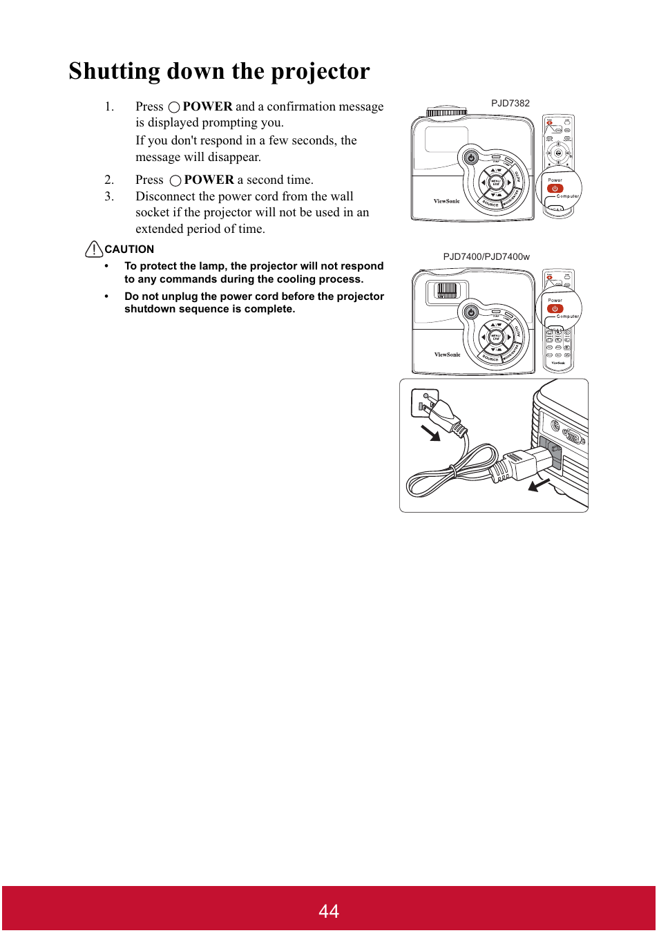 Shutting down the projector | VIEWSONIC DLP PROJECTOR PJD7400 User Manual | Page 49 / 82
