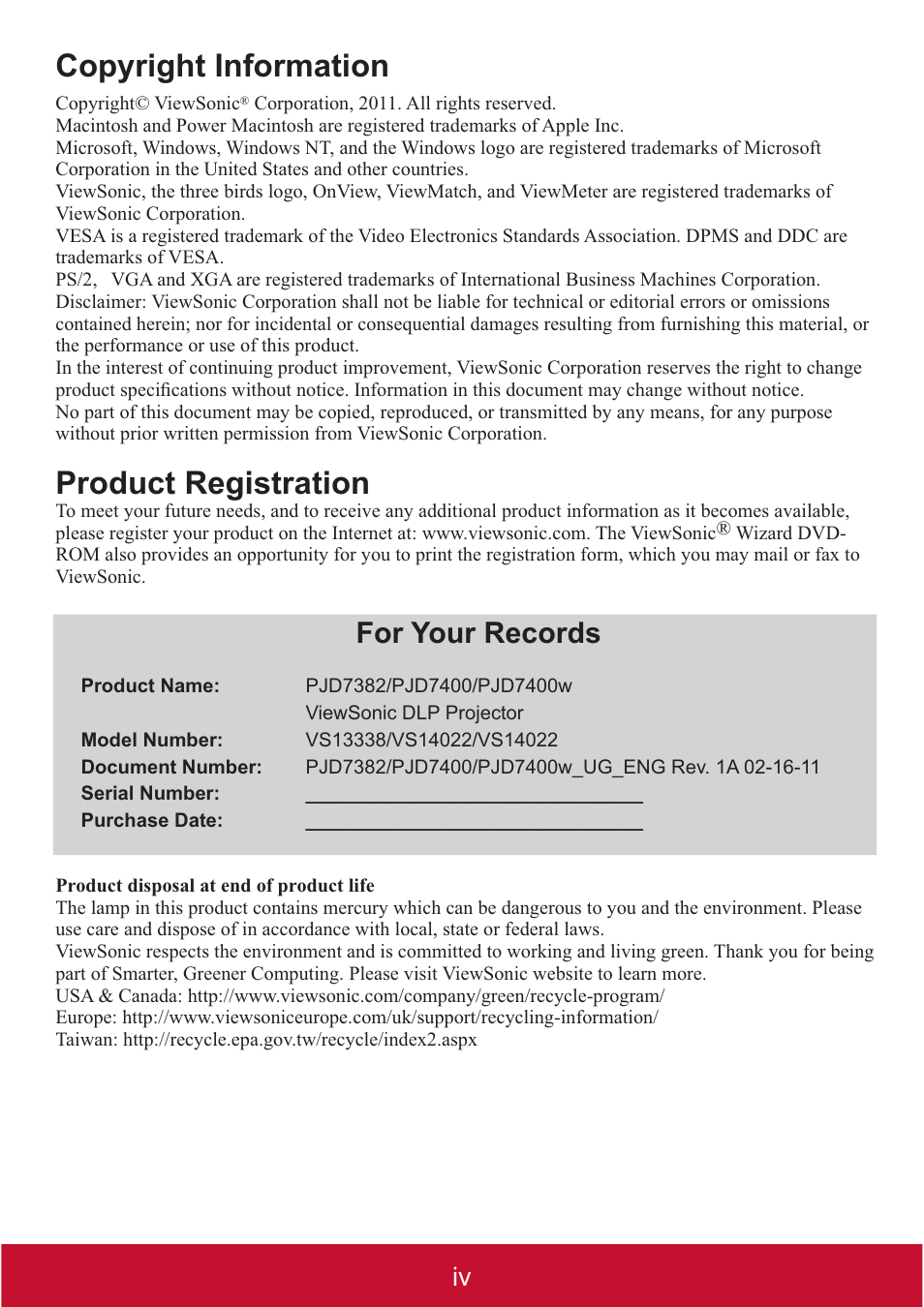 Copyright information, Product registration, For your records | VIEWSONIC DLP PROJECTOR PJD7400 User Manual | Page 5 / 82