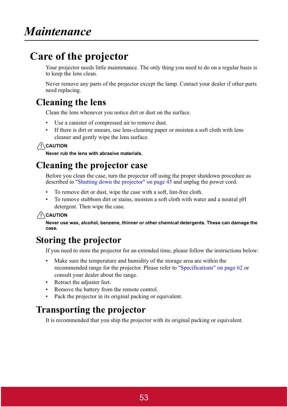 Maintenance, Care of the projector, Cleaning the lens | Cleaning the projector case, Storing the projector, Transporting the projector | VIEWSONIC DLP PROJECTOR PJD7400 User Manual | Page 58 / 82