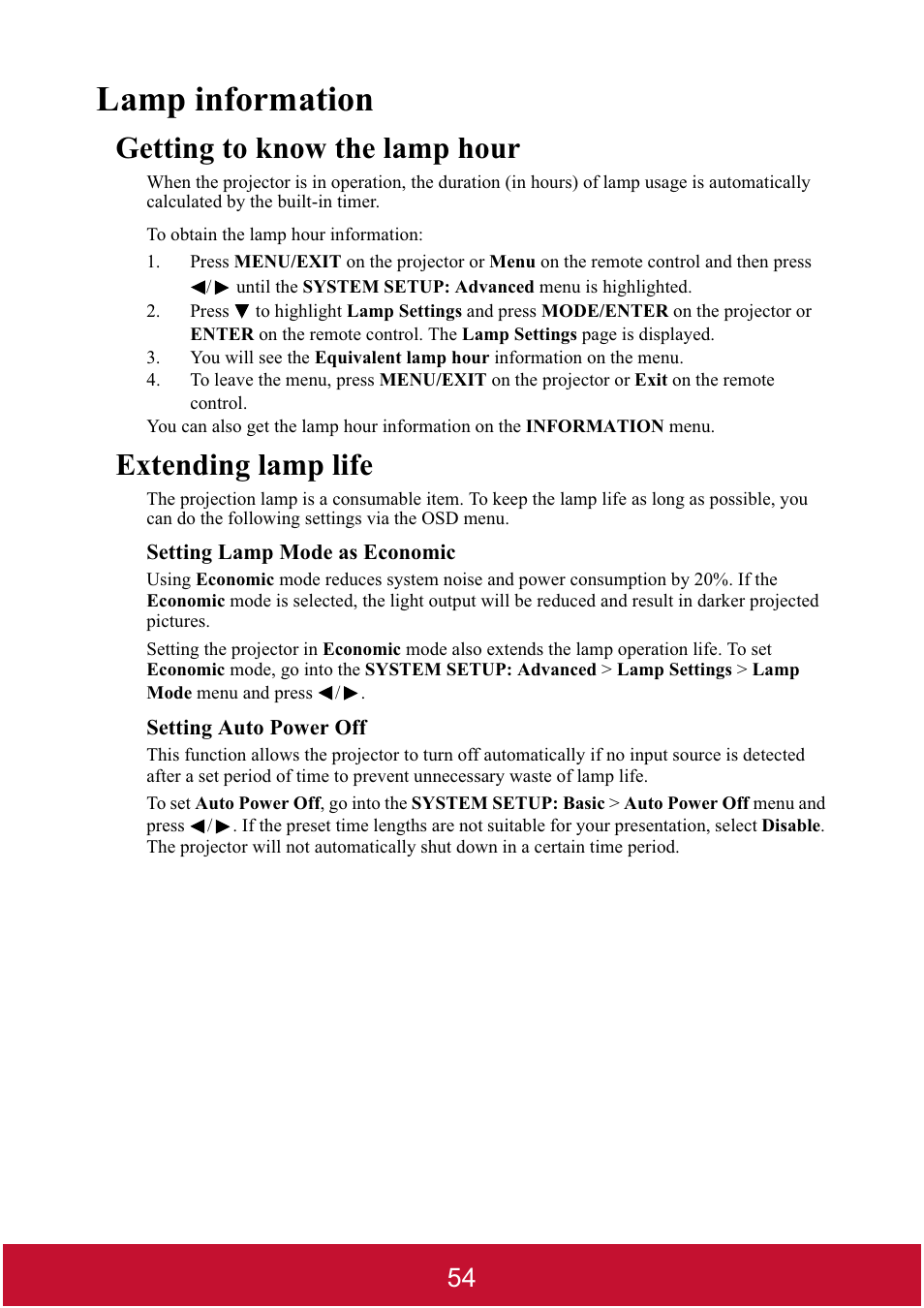 Lamp information, Getting to know the lamp hour, Extending lamp life | VIEWSONIC DLP PROJECTOR PJD7400 User Manual | Page 59 / 82