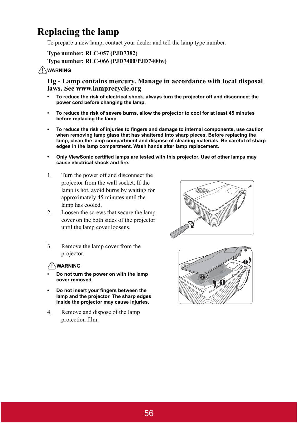 Replacing the lamp | VIEWSONIC DLP PROJECTOR PJD7400 User Manual | Page 61 / 82