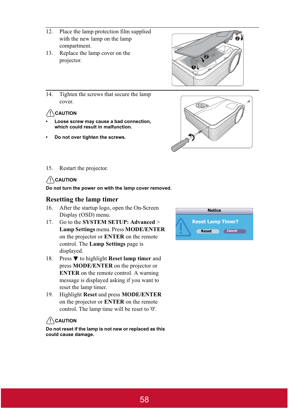 Resetting the lamp timer | VIEWSONIC DLP PROJECTOR PJD7400 User Manual | Page 63 / 82