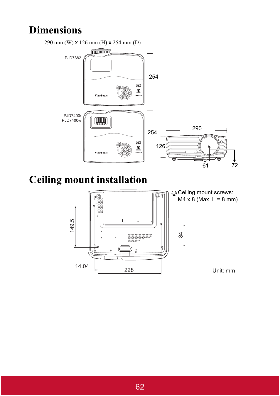 Dimensions, Ceiling mount installation | VIEWSONIC DLP PROJECTOR PJD7400 User Manual | Page 67 / 82