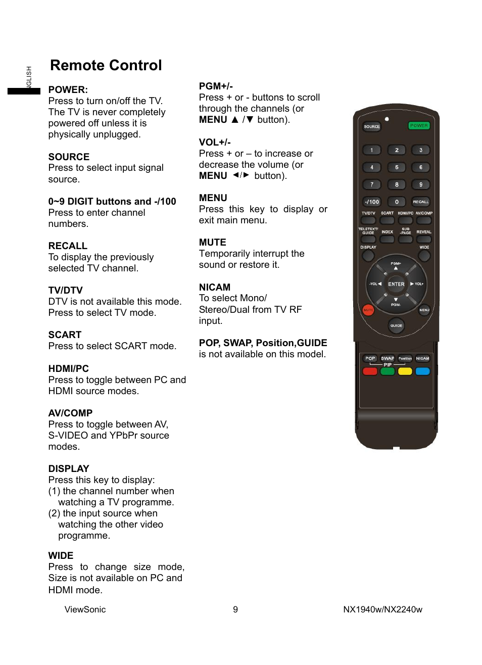 Remote control | VIEWSONIC NX1940w User Manual | Page 11 / 33