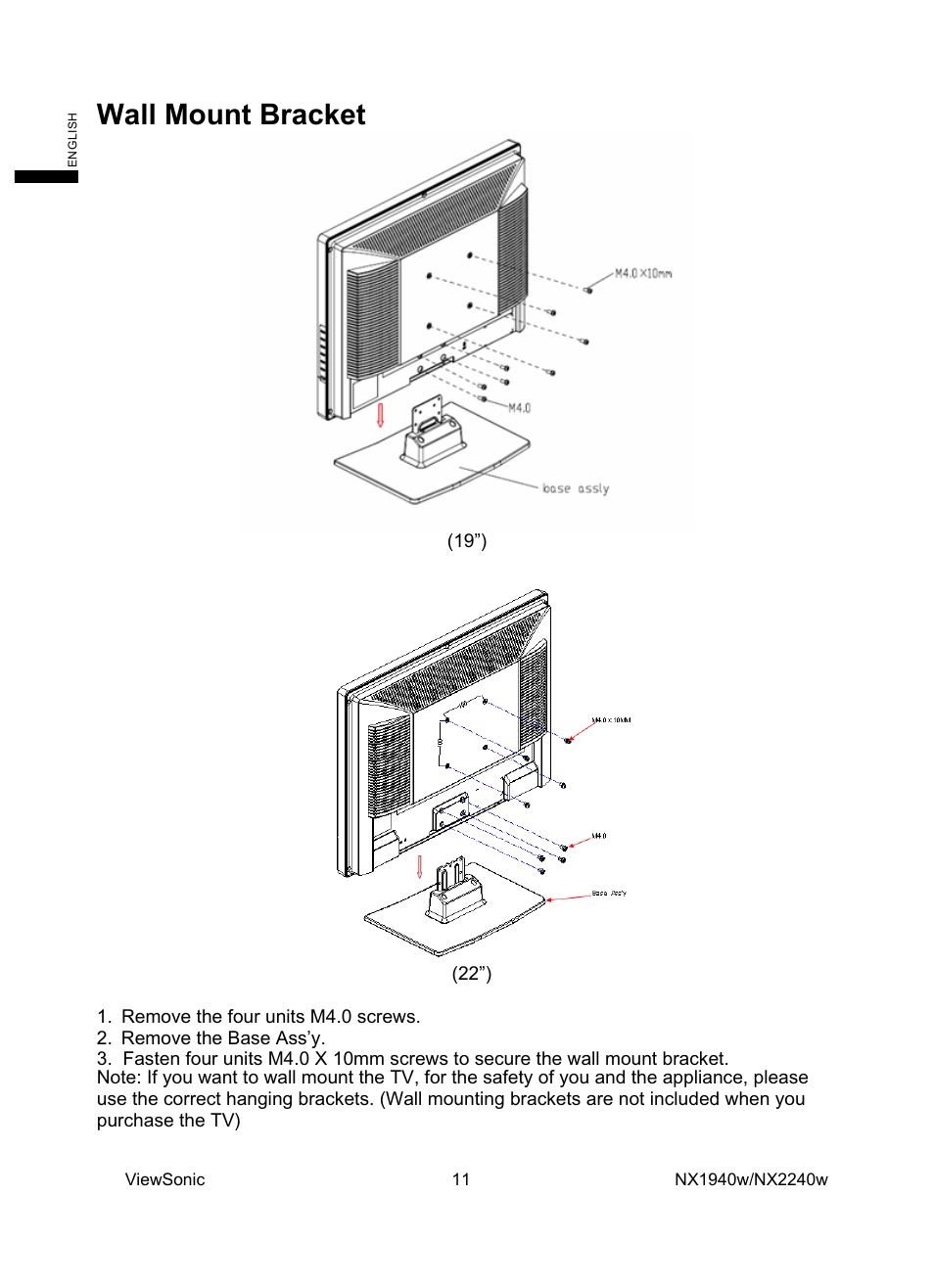 Wall mount bracket | VIEWSONIC NX1940w User Manual | Page 13 / 33