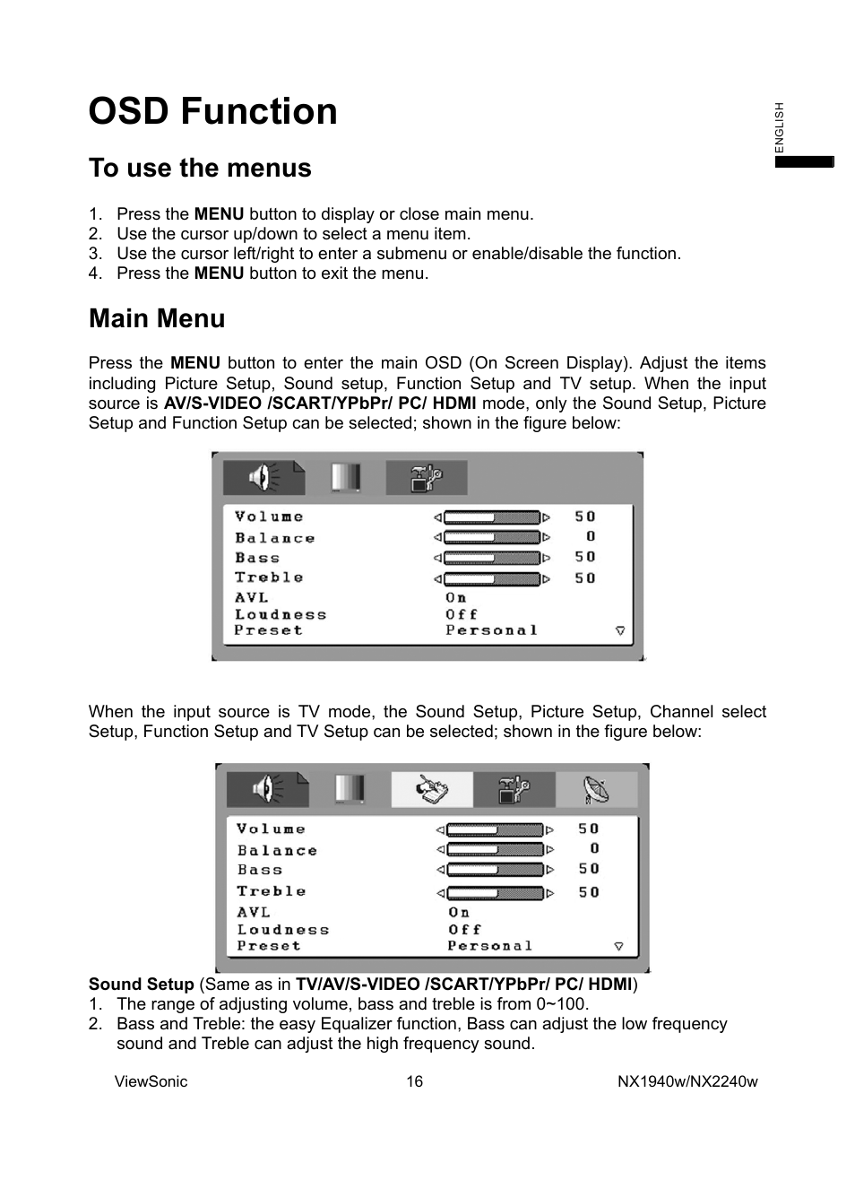 Osd function, Main menu | VIEWSONIC NX1940w User Manual | Page 18 / 33