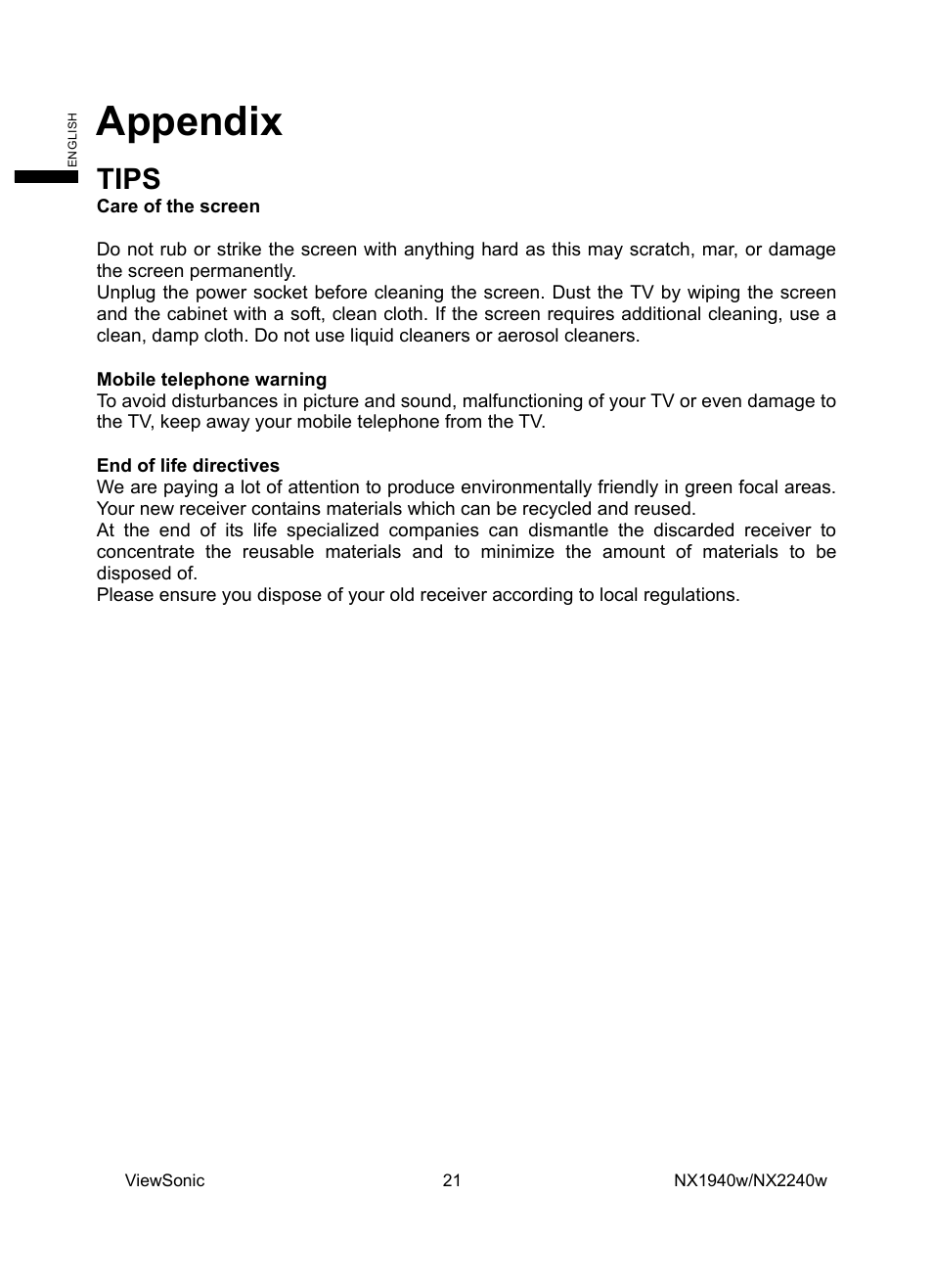 Appendix, Tips | VIEWSONIC NX1940w User Manual | Page 23 / 33
