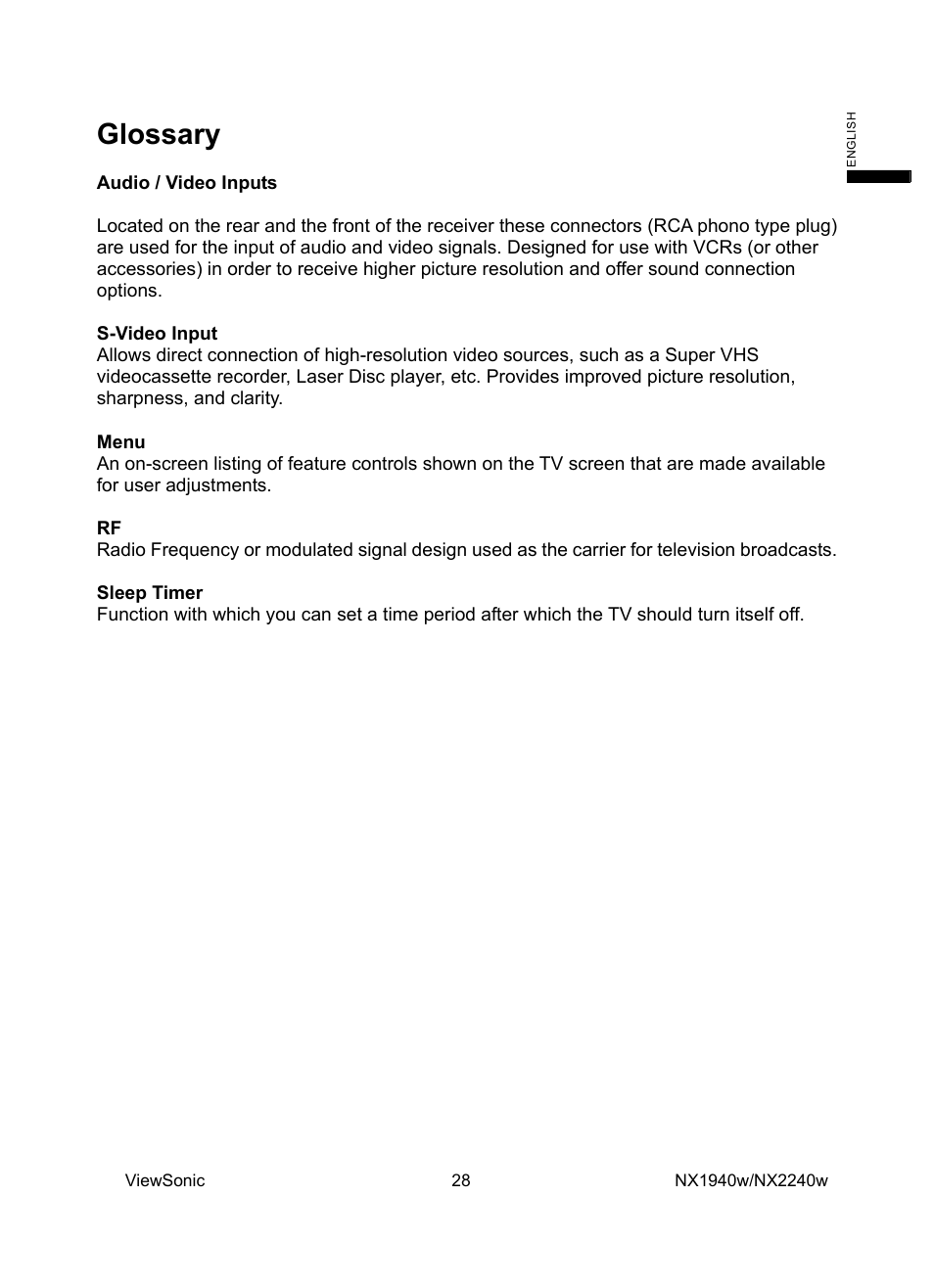 Glossary | VIEWSONIC NX1940w User Manual | Page 30 / 33