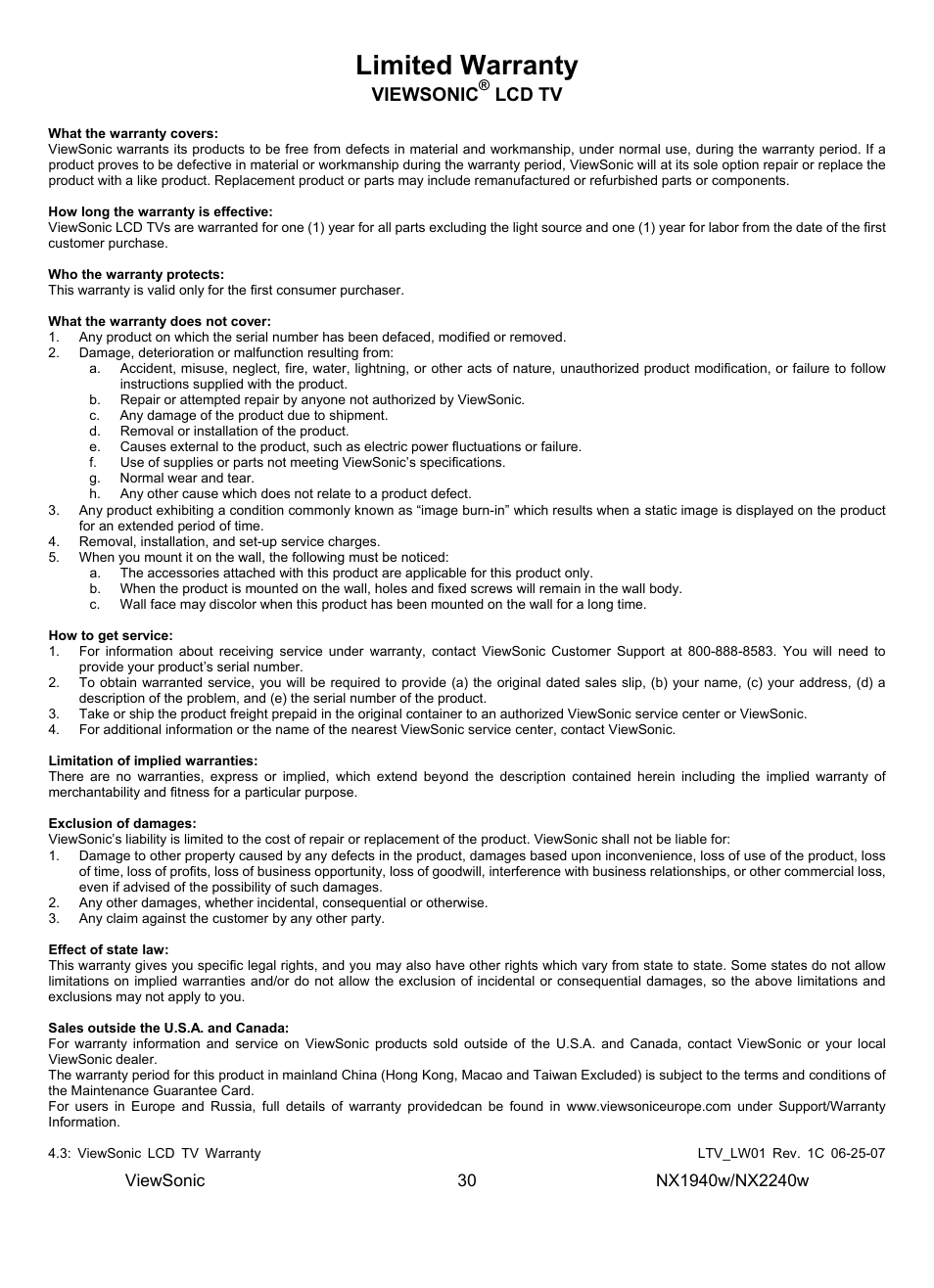 Limited warranty, Viewsonic, Lcd tv | VIEWSONIC NX1940w User Manual | Page 32 / 33