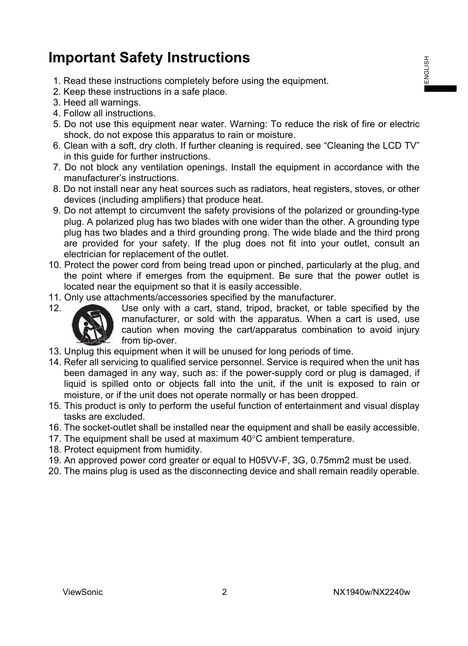 Important safety instructions | VIEWSONIC NX1940w User Manual | Page 4 / 33