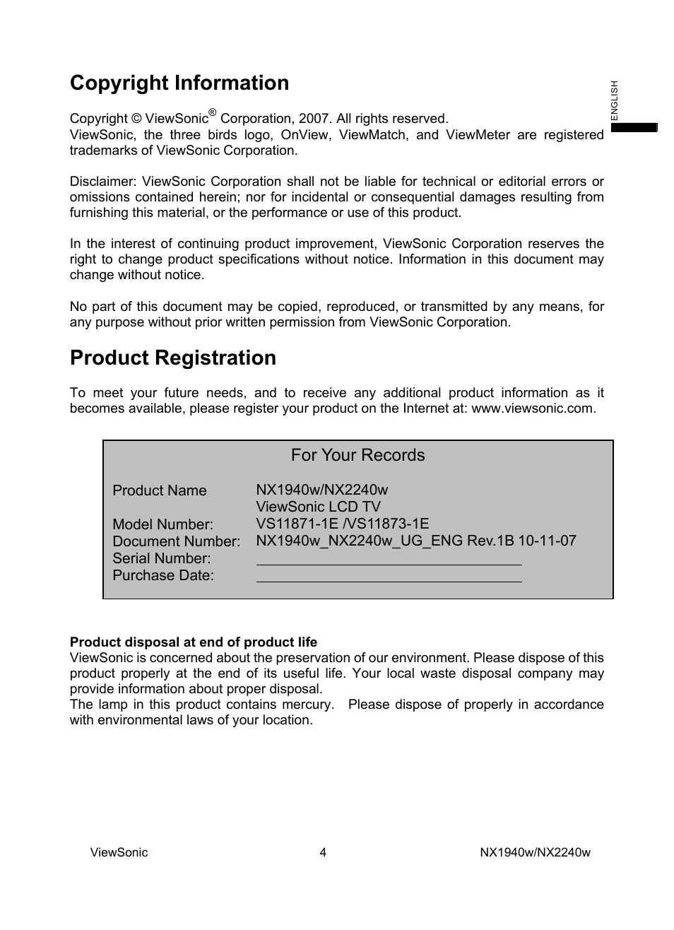 Copyright information, Product registration, For your records | VIEWSONIC NX1940w User Manual | Page 6 / 33
