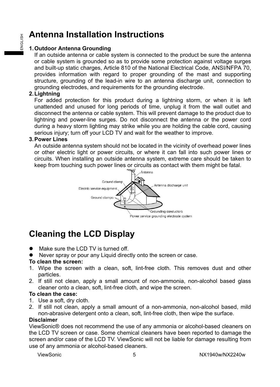 Antenna installation instructions, Cleaning the lcd display | VIEWSONIC NX1940w User Manual | Page 7 / 33