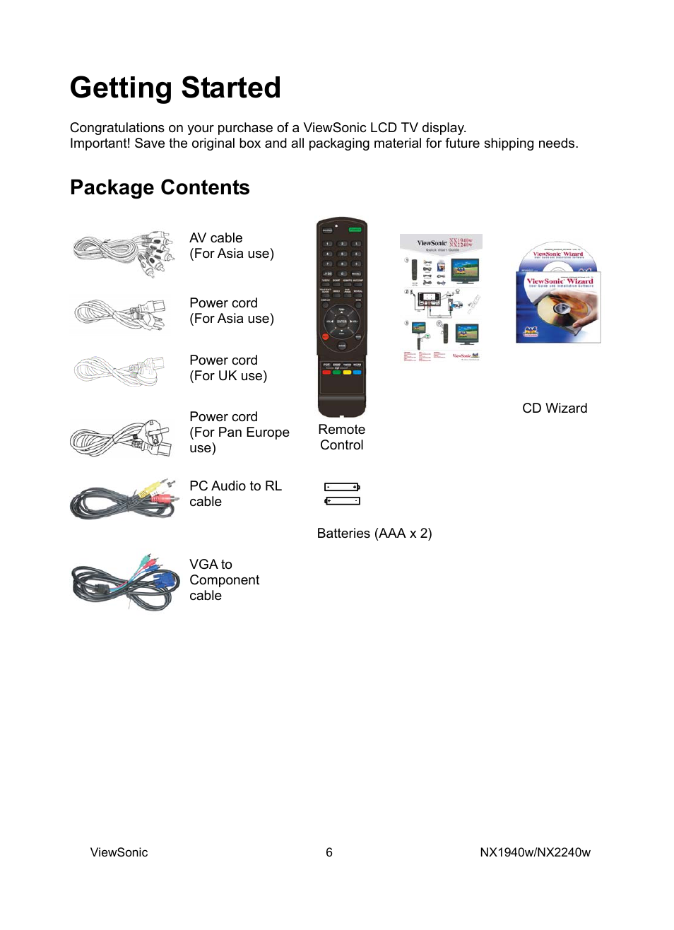 Getting started, Package contents | VIEWSONIC NX1940w User Manual | Page 8 / 33