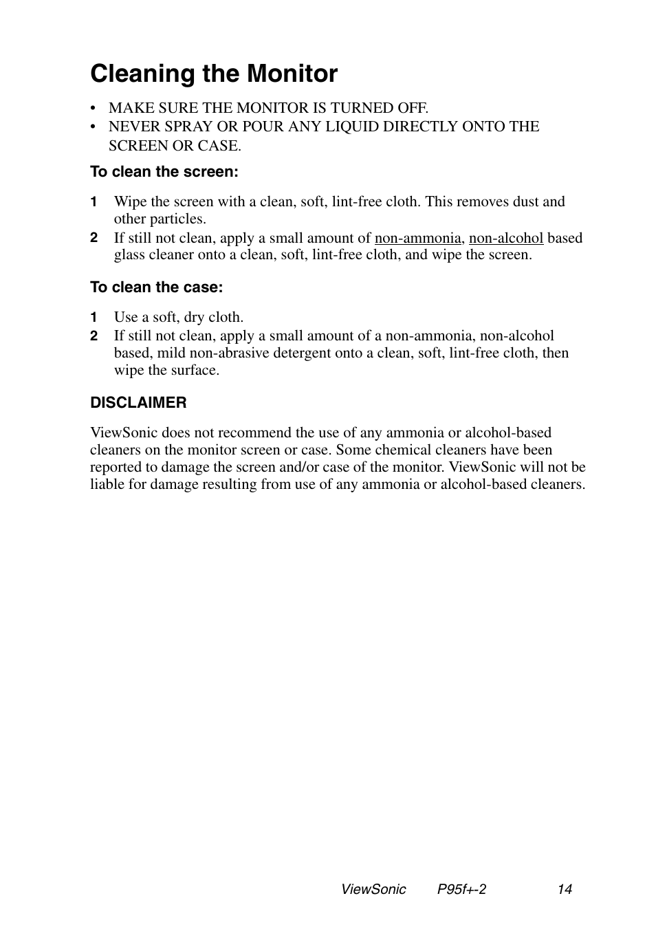 Cleaning the monitor | VIEWSONIC P95f+-2 User Manual | Page 15 / 19