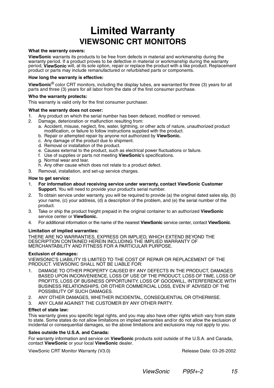 Limited warranty, Viewsonic crt monitors | VIEWSONIC P95f+-2 User Manual | Page 16 / 19