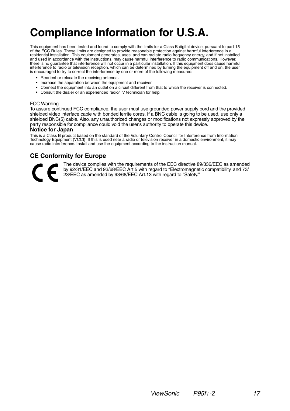 Compliance information for u.s.a | VIEWSONIC P95f+-2 User Manual | Page 18 / 19