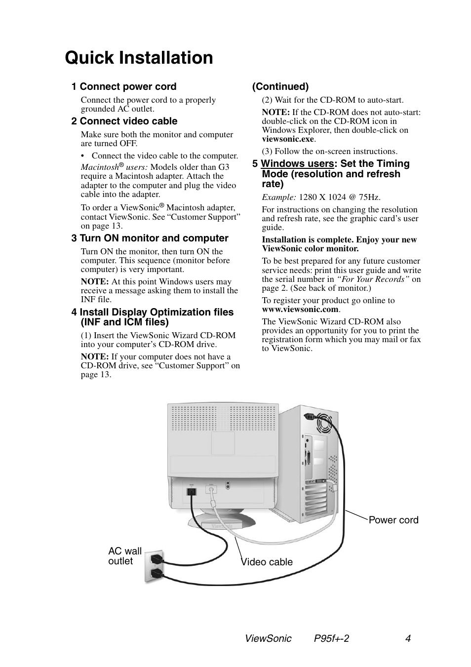 Quick installation | VIEWSONIC P95f+-2 User Manual | Page 5 / 19