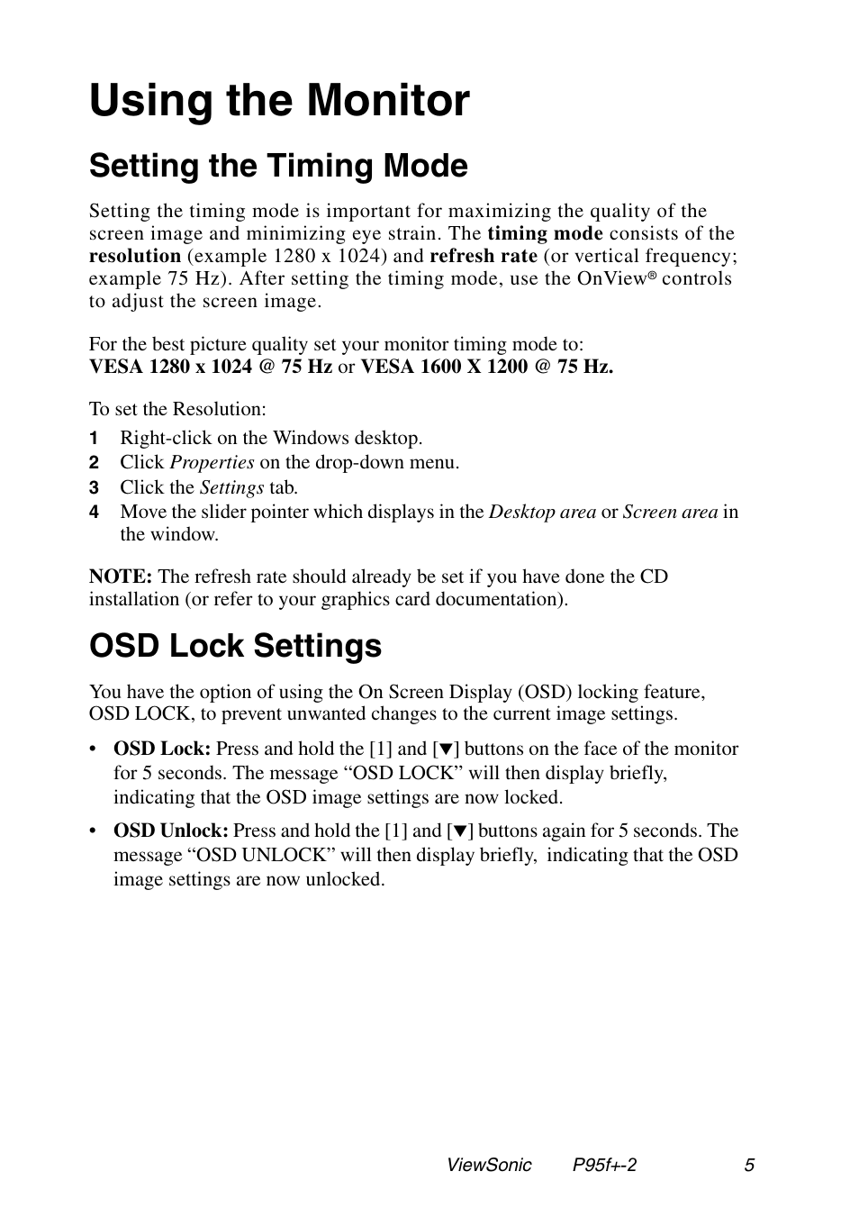 Using the monitor, Setting the timing mode, Osd lock settings | VIEWSONIC P95f+-2 User Manual | Page 6 / 19