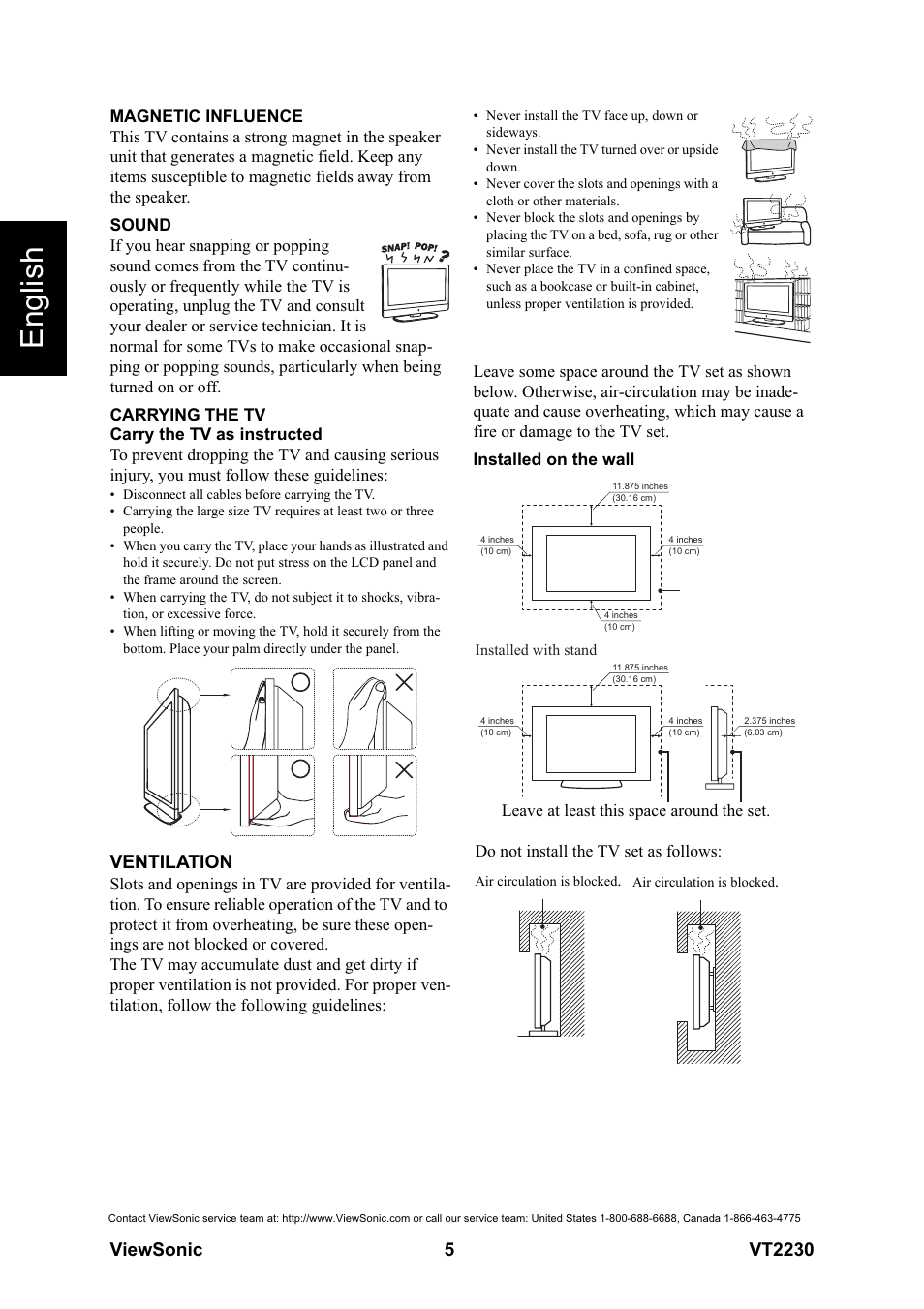 English, Ventilation | VIEWSONIC LCD TV VS12413 User Manual | Page 11 / 47