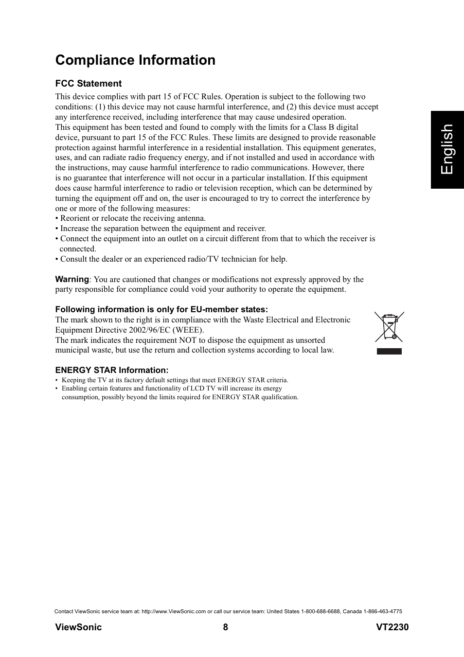 English, Compliance information | VIEWSONIC LCD TV VS12413 User Manual | Page 14 / 47