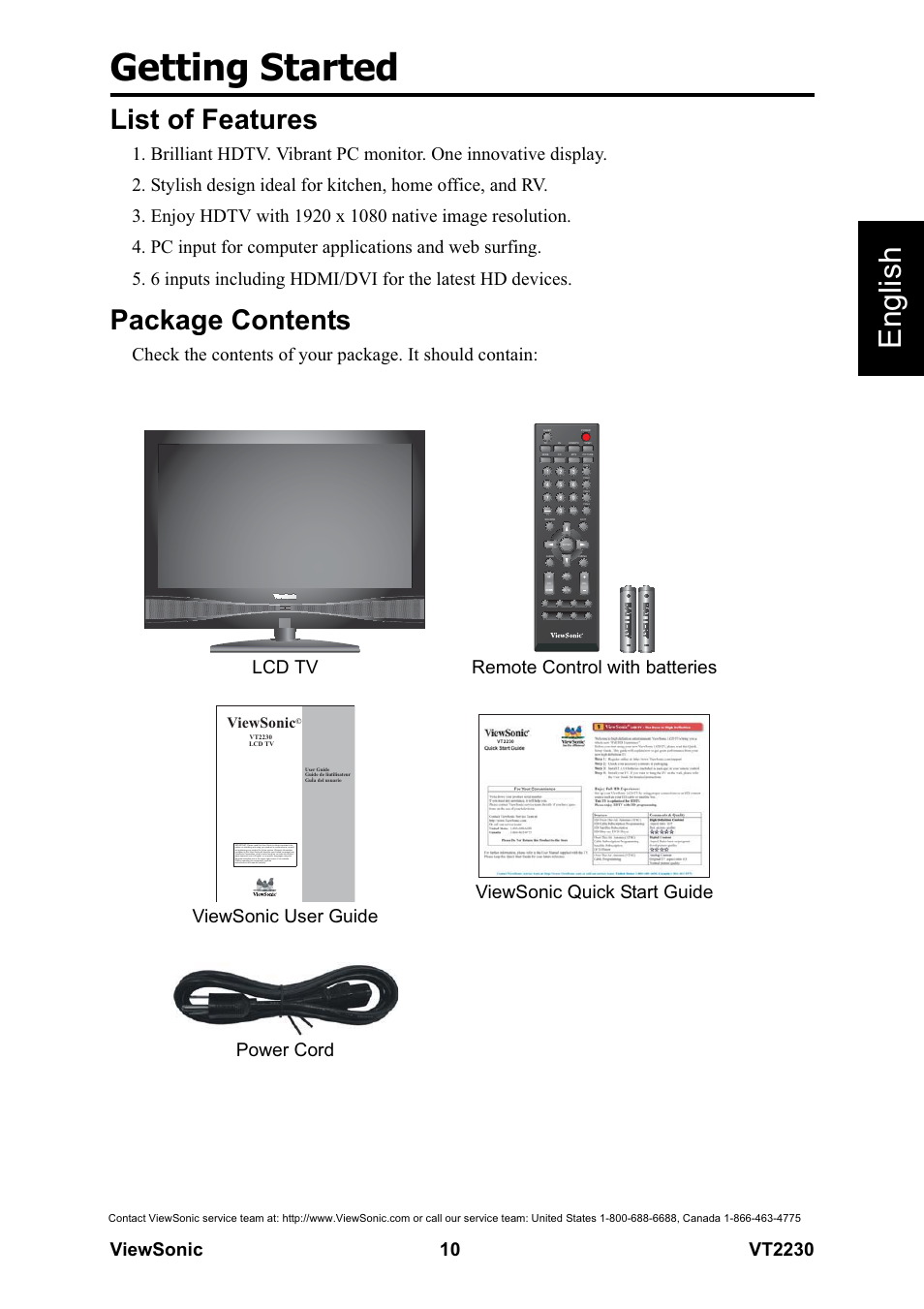 Getting started, English, List of features | Package contents, Viewsonic | VIEWSONIC LCD TV VS12413 User Manual | Page 16 / 47