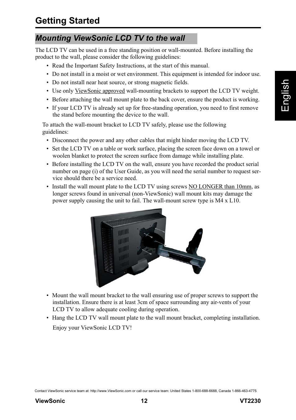 English, Getting started, Mounting viewsonic lcd tv to the wall | VIEWSONIC LCD TV VS12413 User Manual | Page 18 / 47