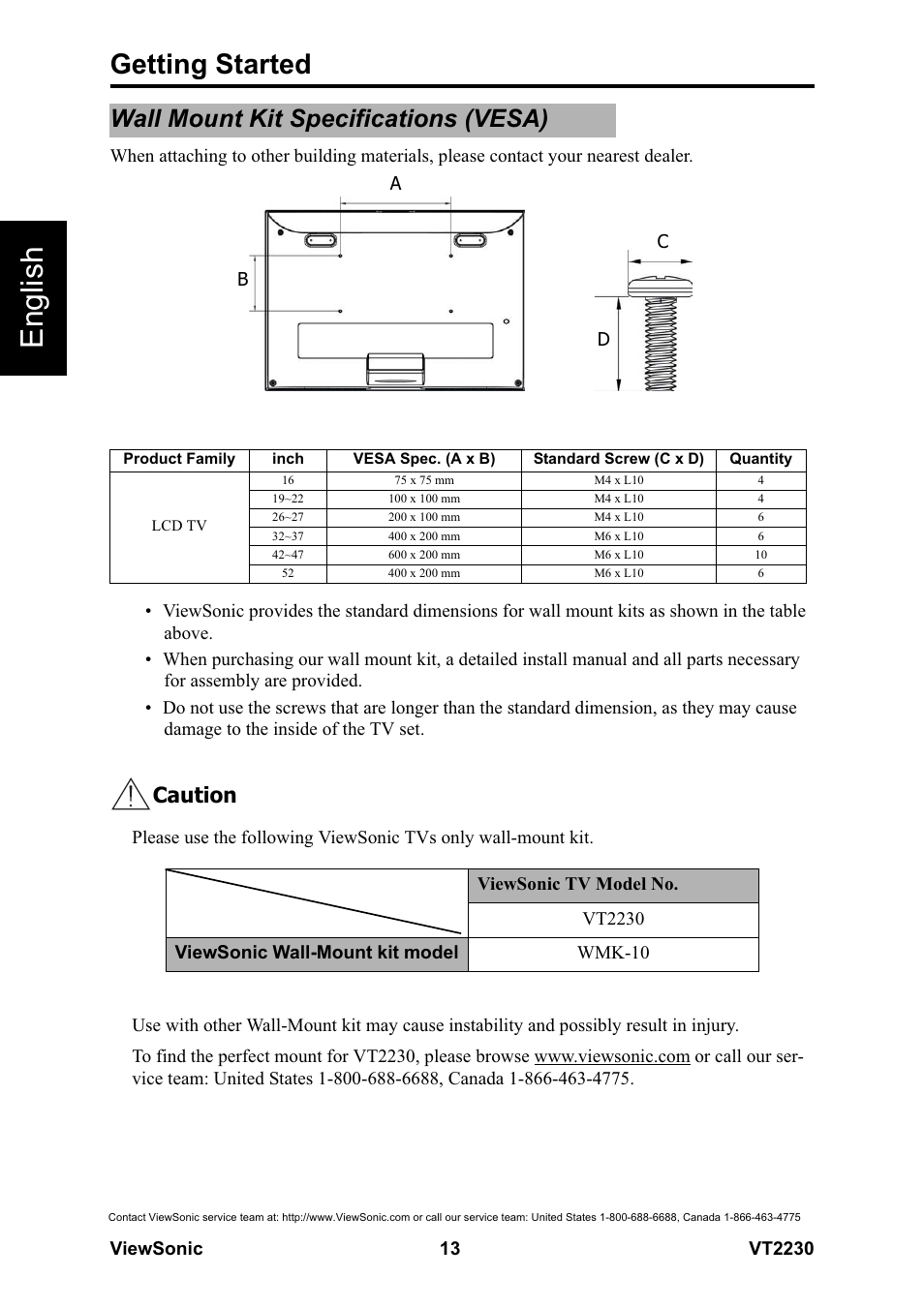 English, Getting started, Wall mount kit specifications (vesa) | Caution | VIEWSONIC LCD TV VS12413 User Manual | Page 19 / 47