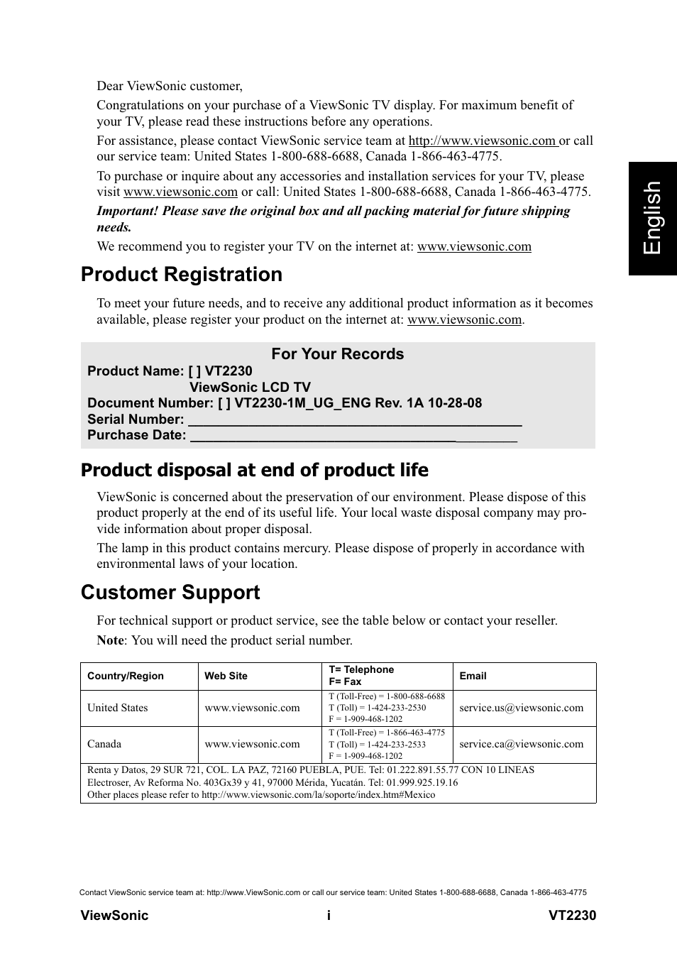 English, Product registration, Customer support | Product disposal at end of product life, For your records | VIEWSONIC LCD TV VS12413 User Manual | Page 2 / 47