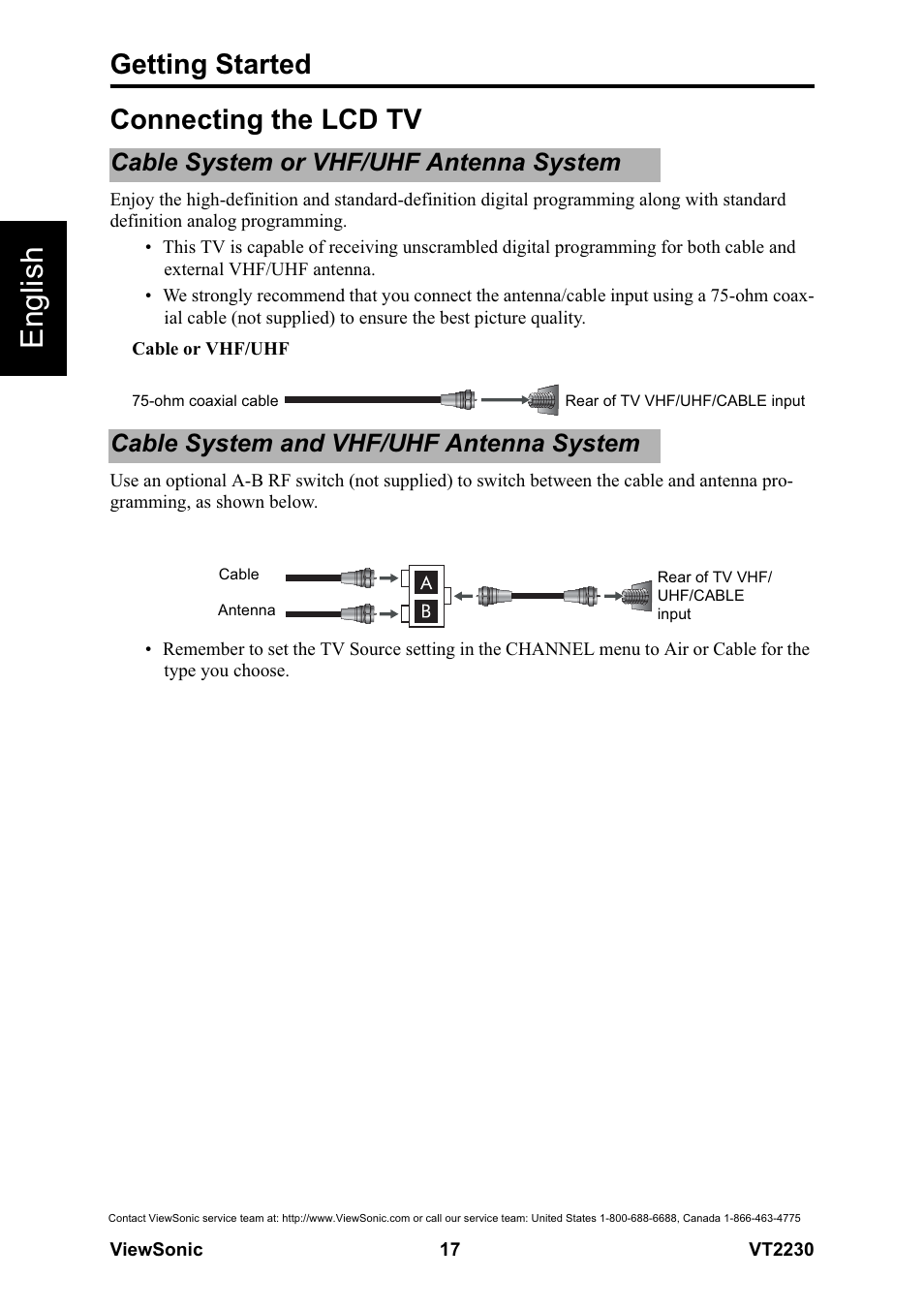 English, Getting started, Connecting the lcd tv | Cable system or vhf/uhf antenna system, Cable system and vhf/uhf antenna system | VIEWSONIC LCD TV VS12413 User Manual | Page 23 / 47