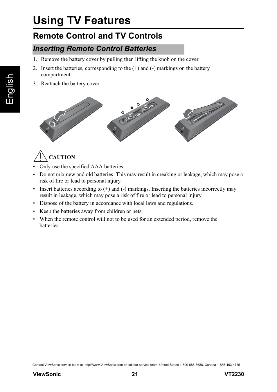 Using tv features, English, Remote control and tv controls | Inserting remote control batteries | VIEWSONIC LCD TV VS12413 User Manual | Page 27 / 47