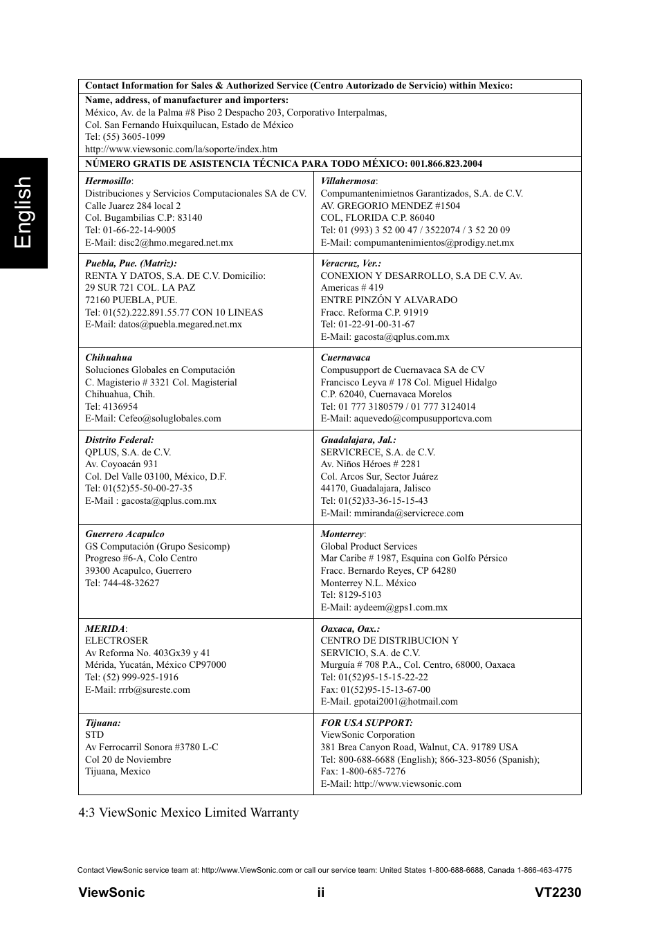 English, Viewsonic ii vt2230, 3 viewsonic mexico limited warranty | VIEWSONIC LCD TV VS12413 User Manual | Page 3 / 47