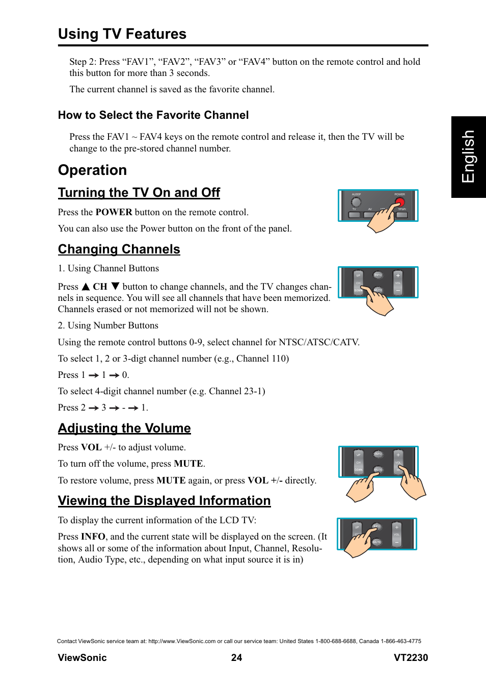 English, Using tv features, Operation | Turning the tv on and off, Changing channels, Adjusting the volume, Viewing the displayed information, How to select the favorite channel | VIEWSONIC LCD TV VS12413 User Manual | Page 30 / 47