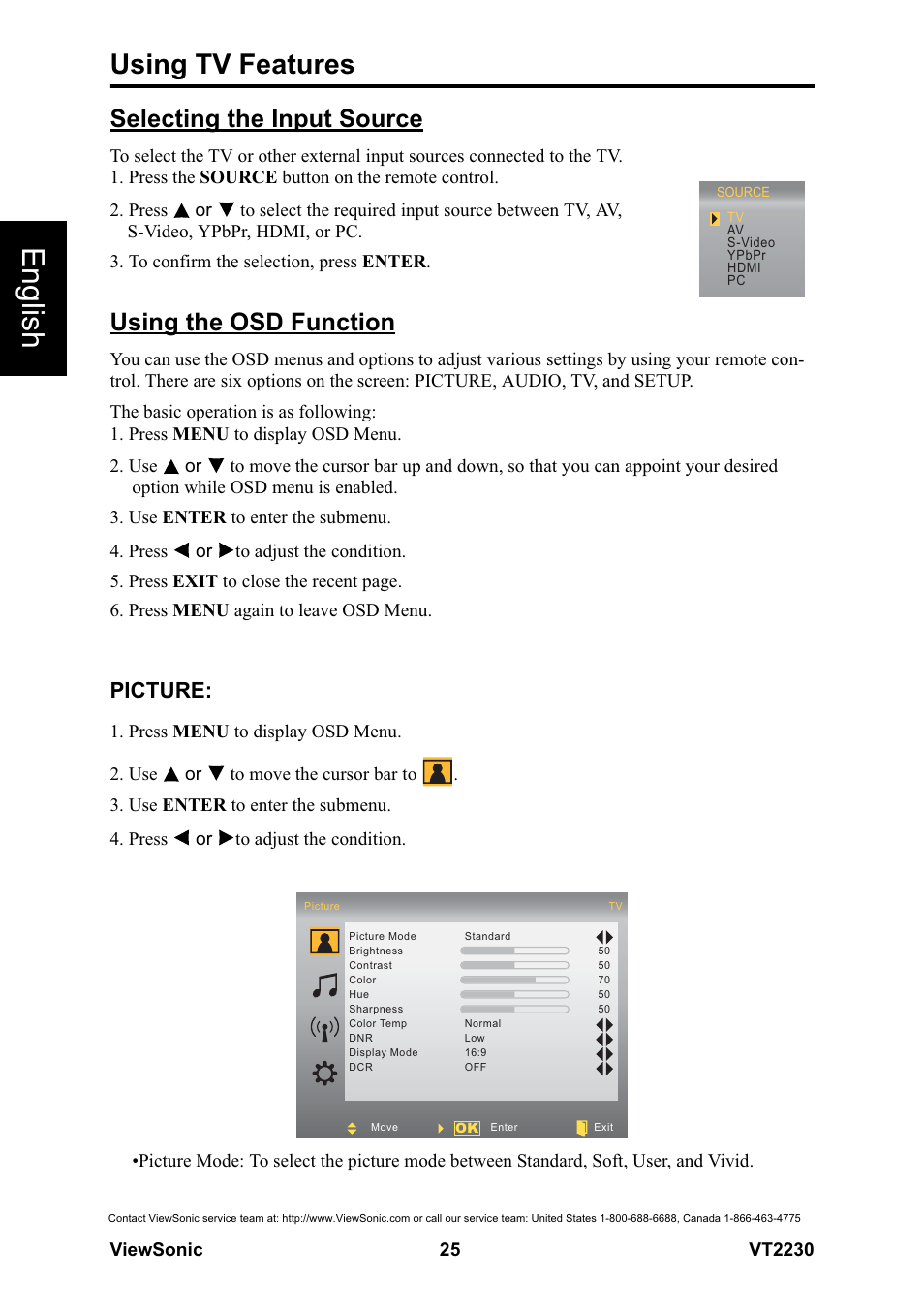 English, Using tv features, Selecting the input source | Using the osd function, Picture | VIEWSONIC LCD TV VS12413 User Manual | Page 31 / 47