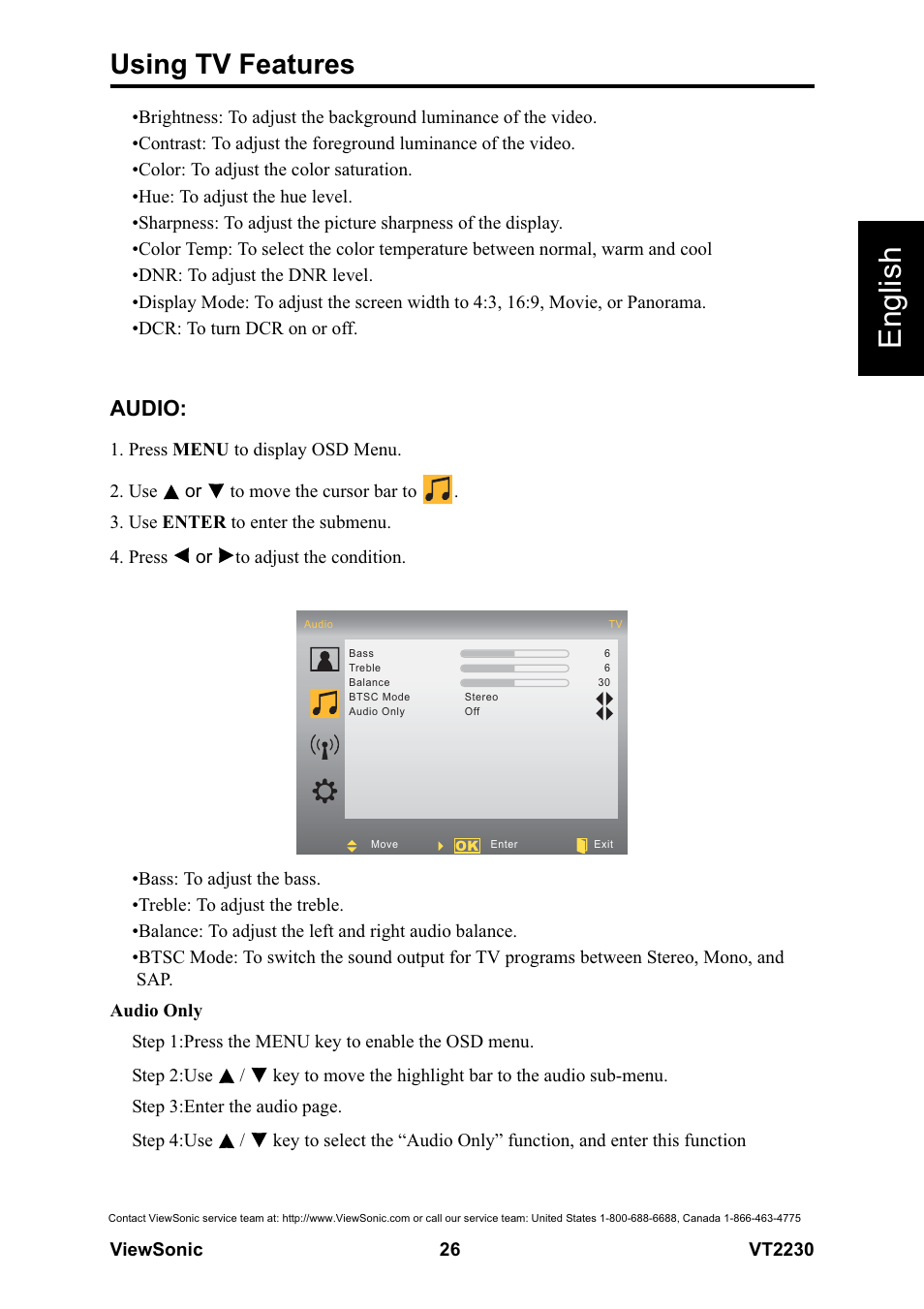 English, Using tv features, Audio | VIEWSONIC LCD TV VS12413 User Manual | Page 32 / 47