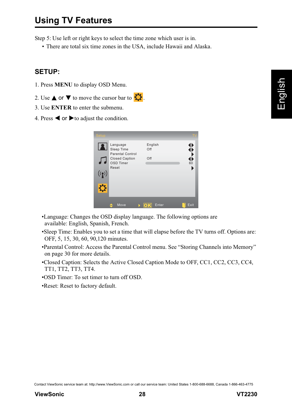 English, Using tv features, Setup | VIEWSONIC LCD TV VS12413 User Manual | Page 34 / 47