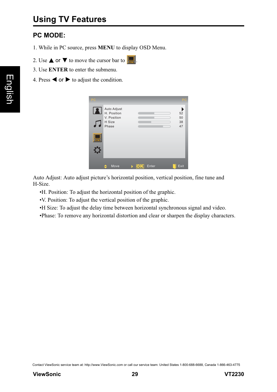 English, Using tv features, Pc mode | VIEWSONIC LCD TV VS12413 User Manual | Page 35 / 47