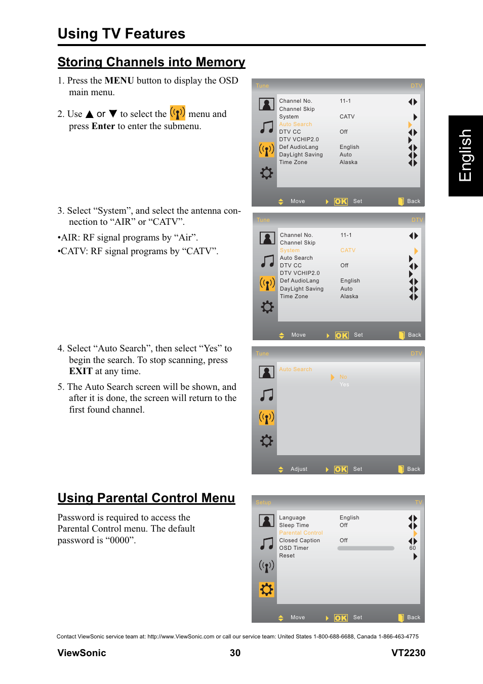 English, Using tv features, Using parental control menu | VIEWSONIC LCD TV VS12413 User Manual | Page 36 / 47