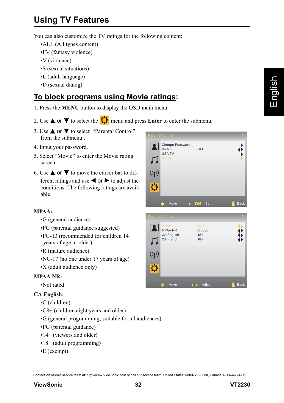 English, Using tv features | VIEWSONIC LCD TV VS12413 User Manual | Page 38 / 47