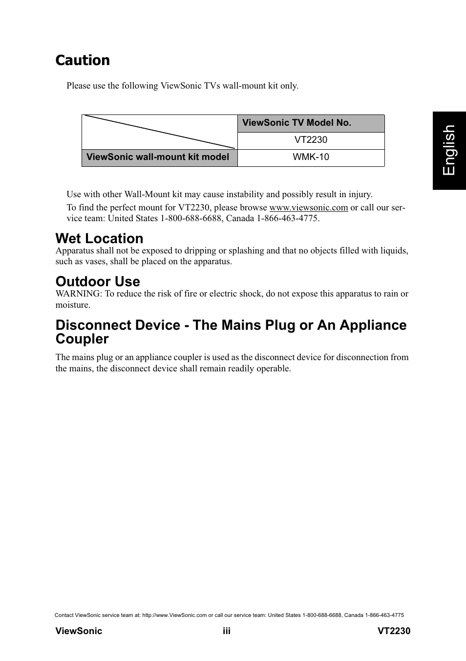 English, Caution, Wet location | Outdoor use | VIEWSONIC LCD TV VS12413 User Manual | Page 4 / 47