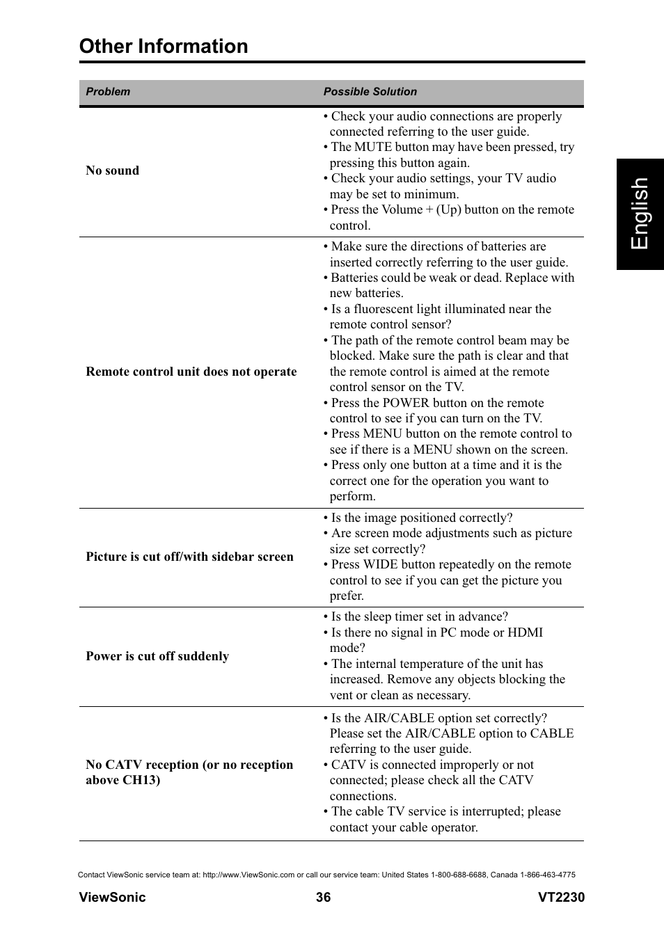English, Other information | VIEWSONIC LCD TV VS12413 User Manual | Page 42 / 47