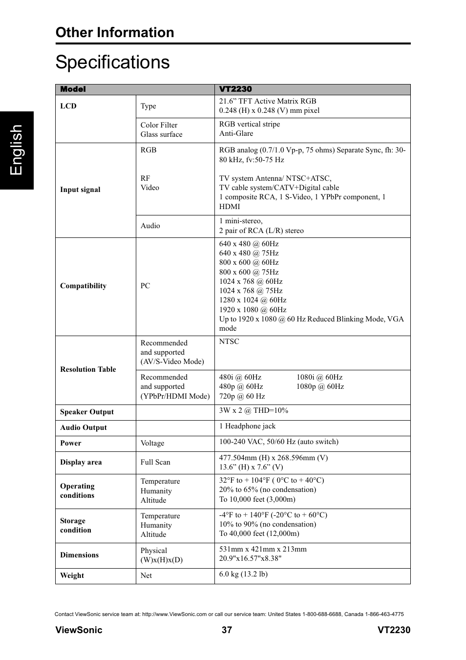 Specifications, English, Other information | VIEWSONIC LCD TV VS12413 User Manual | Page 43 / 47